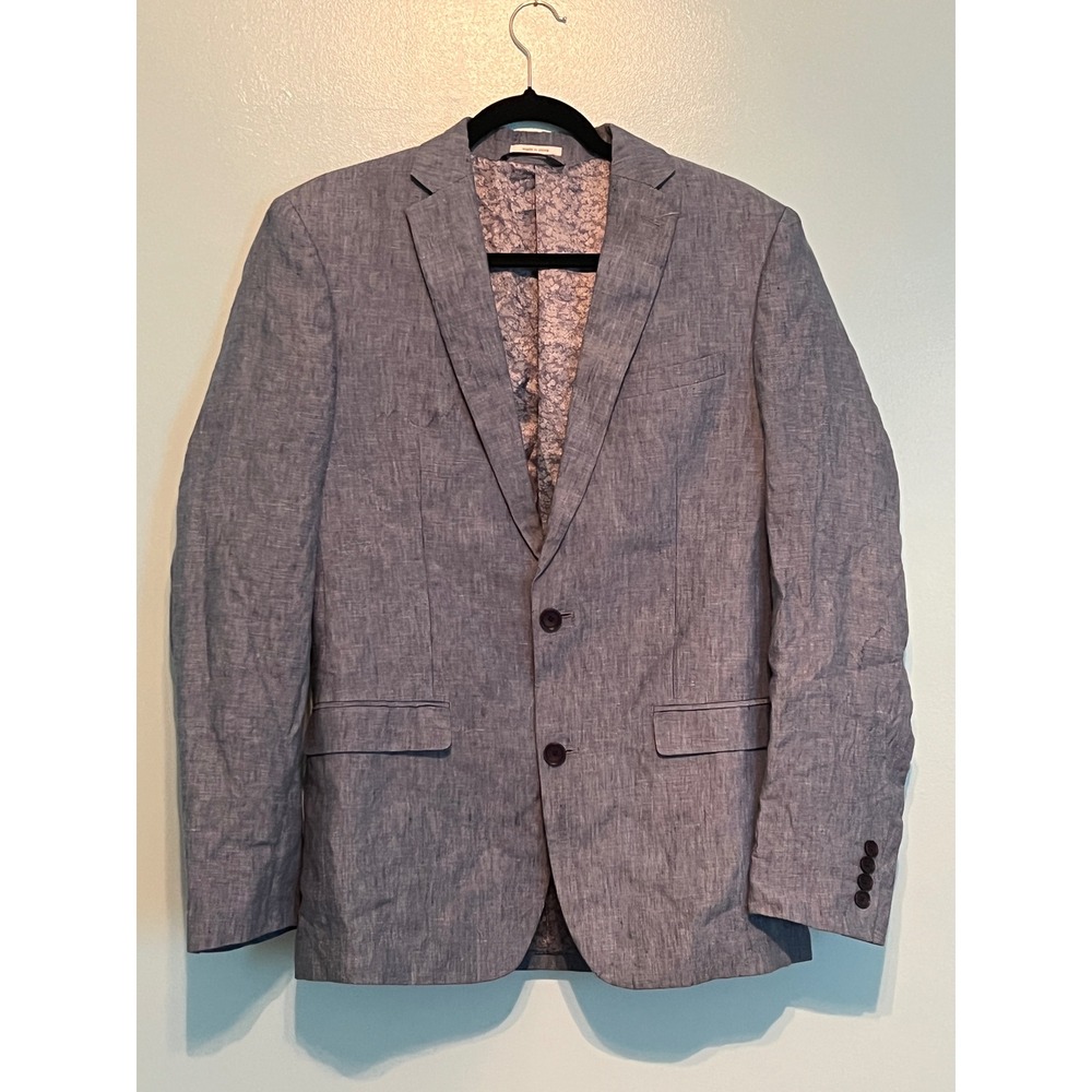 Bar III Mens 38L Slim Fit Linen Blend Blazer Blue Floral Satin Lined Sport Coat